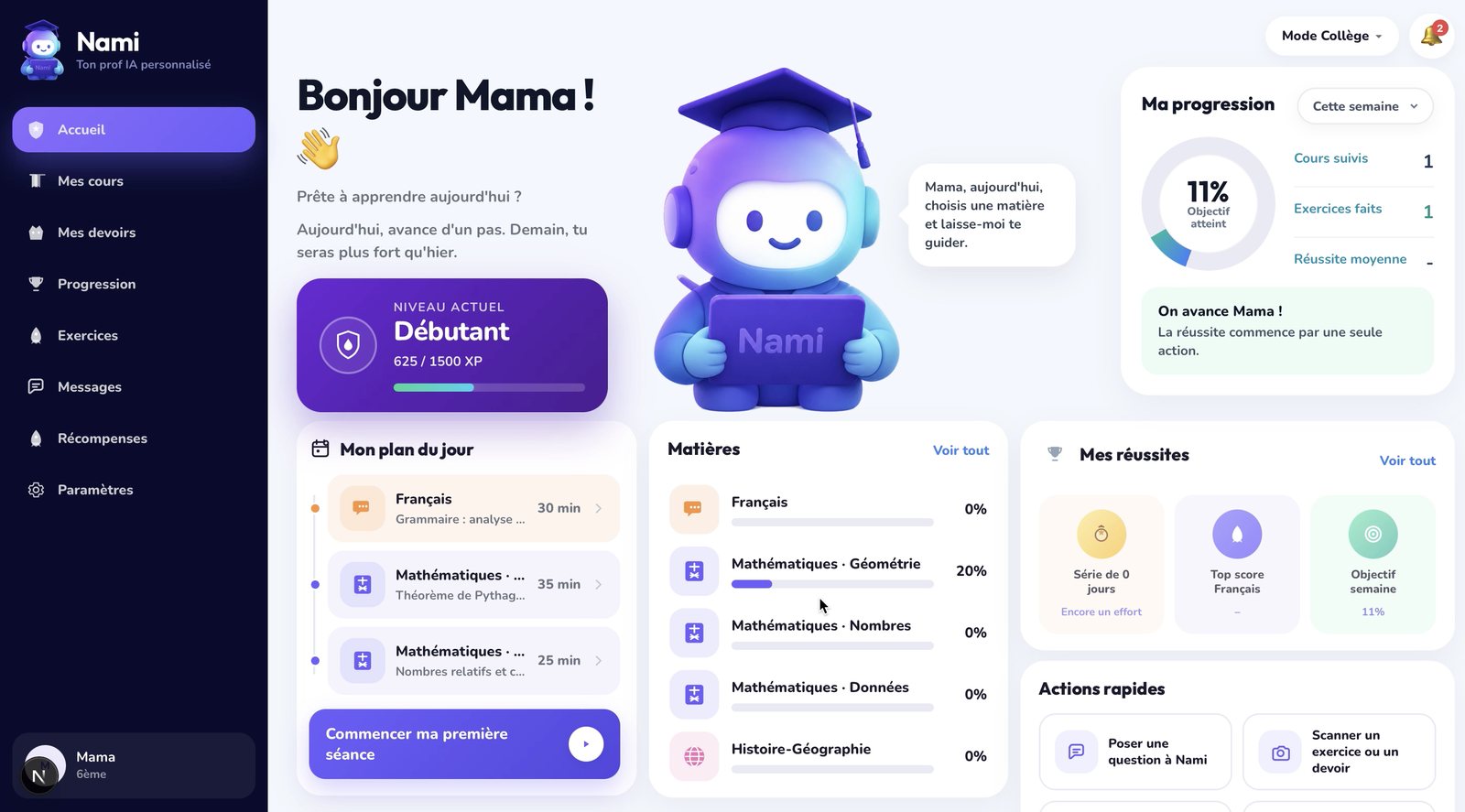Page d'accueil de l'application Nami : message de bienvenue, niveau et points d'expérience, plan du jour, progression, matières, réussites et actions rapides